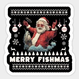 Merry Fishmas Santa Fishing Ugly Christmas Sweater Sticker